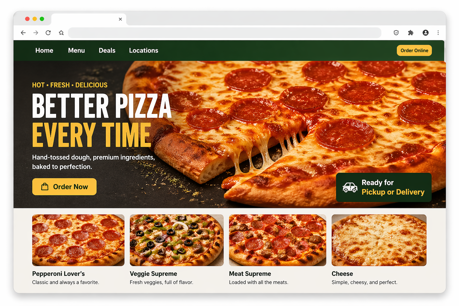 Raw webpage screenshot of a pizza restaurant